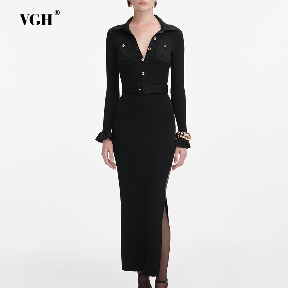 

VGH Solid Temperament Slimming Dresses For Women V Neck Long Sleeve High Waist Spliced Belt Casual Dress Female Fashion Style