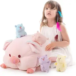 5 Pcs Pig Stuffed Animal with Babies, 19.6 inch Soft Cuddly Pig Plush Toy Set for Kids