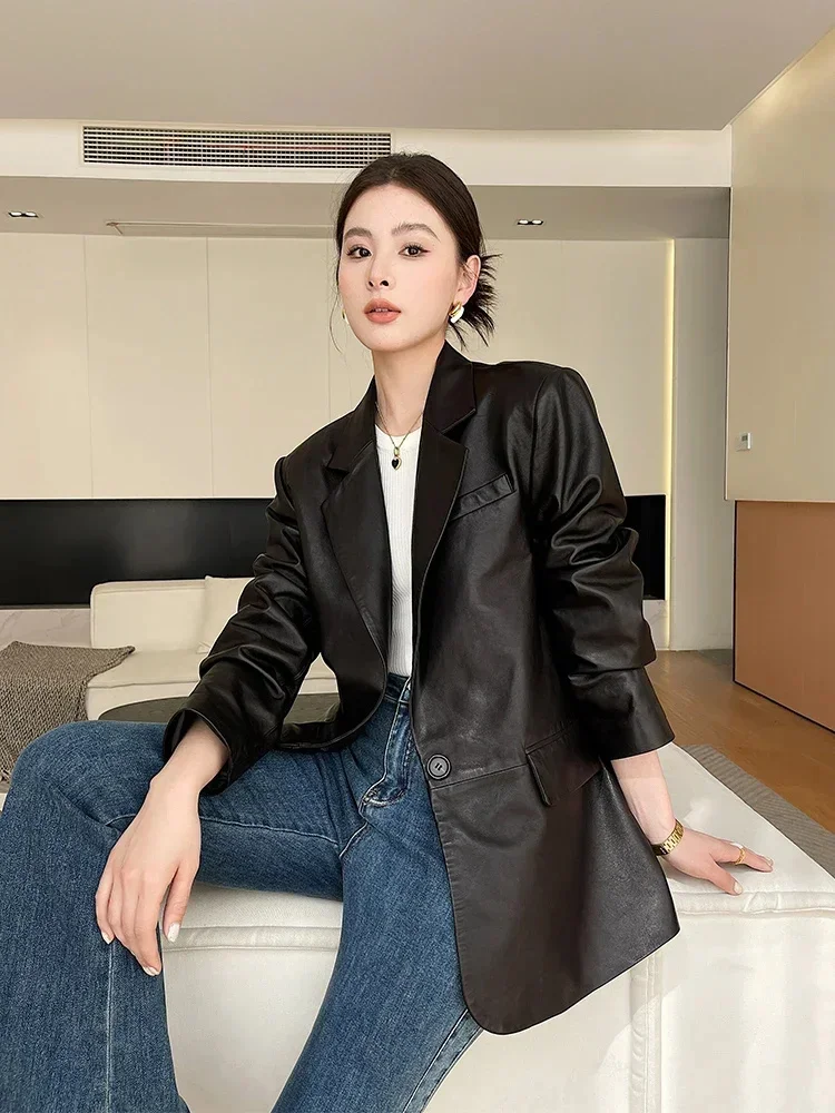 Mantel kulit domba hitam untuk wanita, jaket blazer kulit domba alami mewah dengan kancing satu, kerah berlekuk, jaket blazer kulit asli untuk wanita