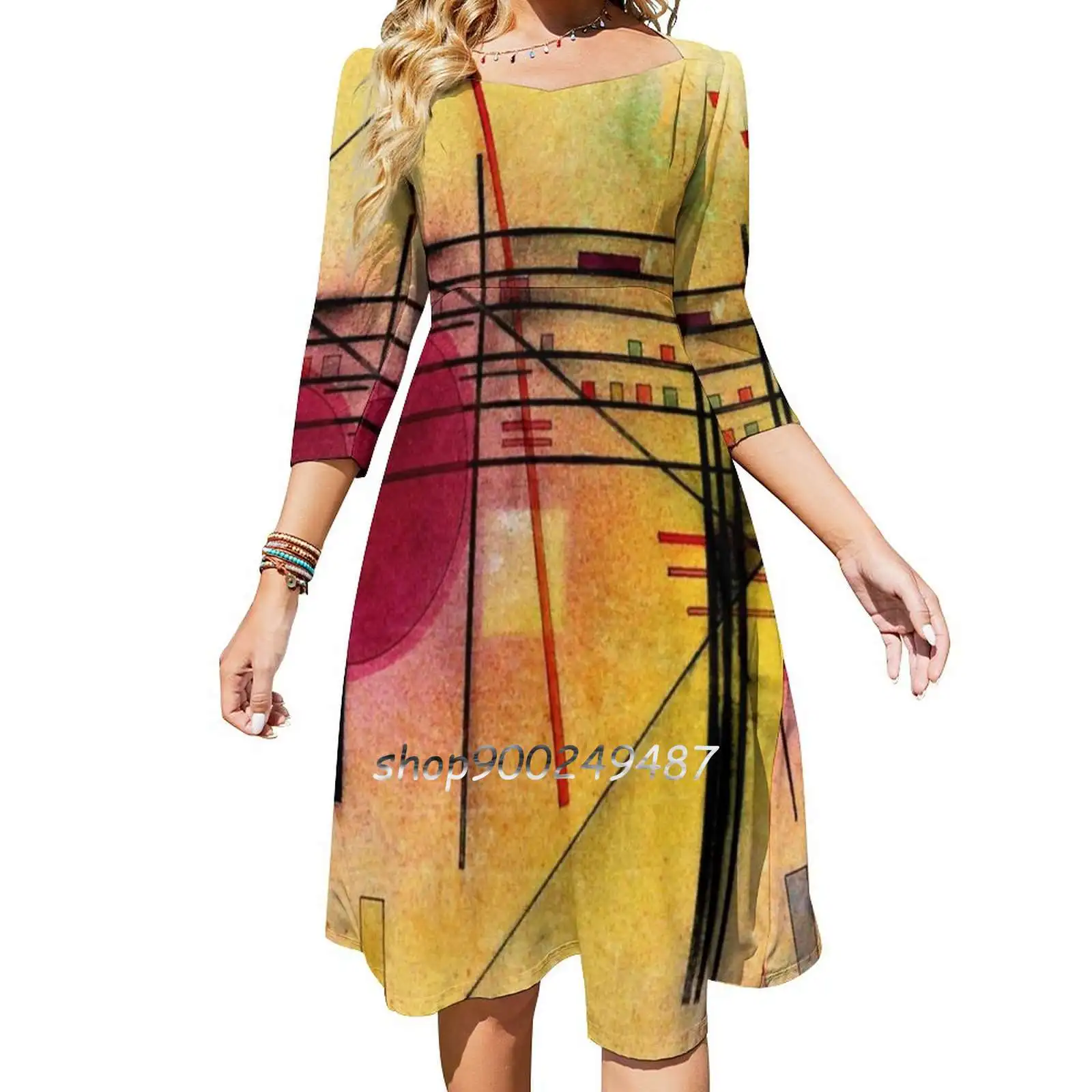 Kandinsky-Vibrant , Colorful Abstract Painting Evening Party Dresses Midi Sexy Dress Female Sweet One Piece Dress Korean