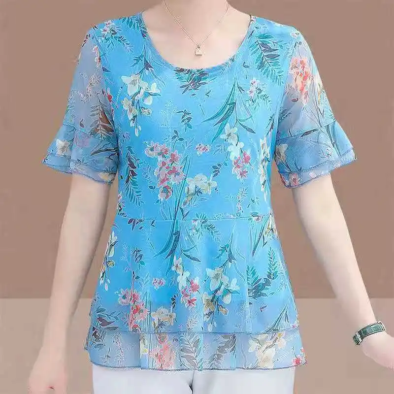 Summer Vintage Stylish Floral Printed Blouse Female Clothing Elegant Ruffles Spliced Short Sleeve Casual O-Neck Chiffon Shirt