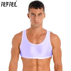 Mens Glossy Bodybuilding Cropped Tank Top Sleeveless Vest Tops Round Neck Swimwear Nightwear Clubwear  Solid Color Male Clothing