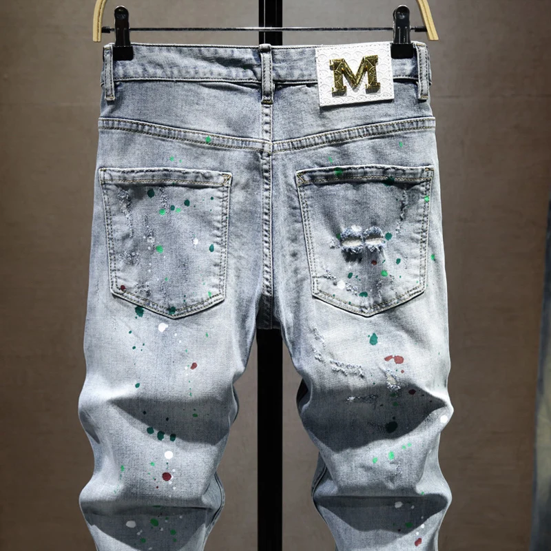 Street Designer Fashion Men Jeans Retro Washed Blue Stretch Slim Fit Painted Ripped Jeans Men Y2K Hip Hop Vintage Denim Pants
