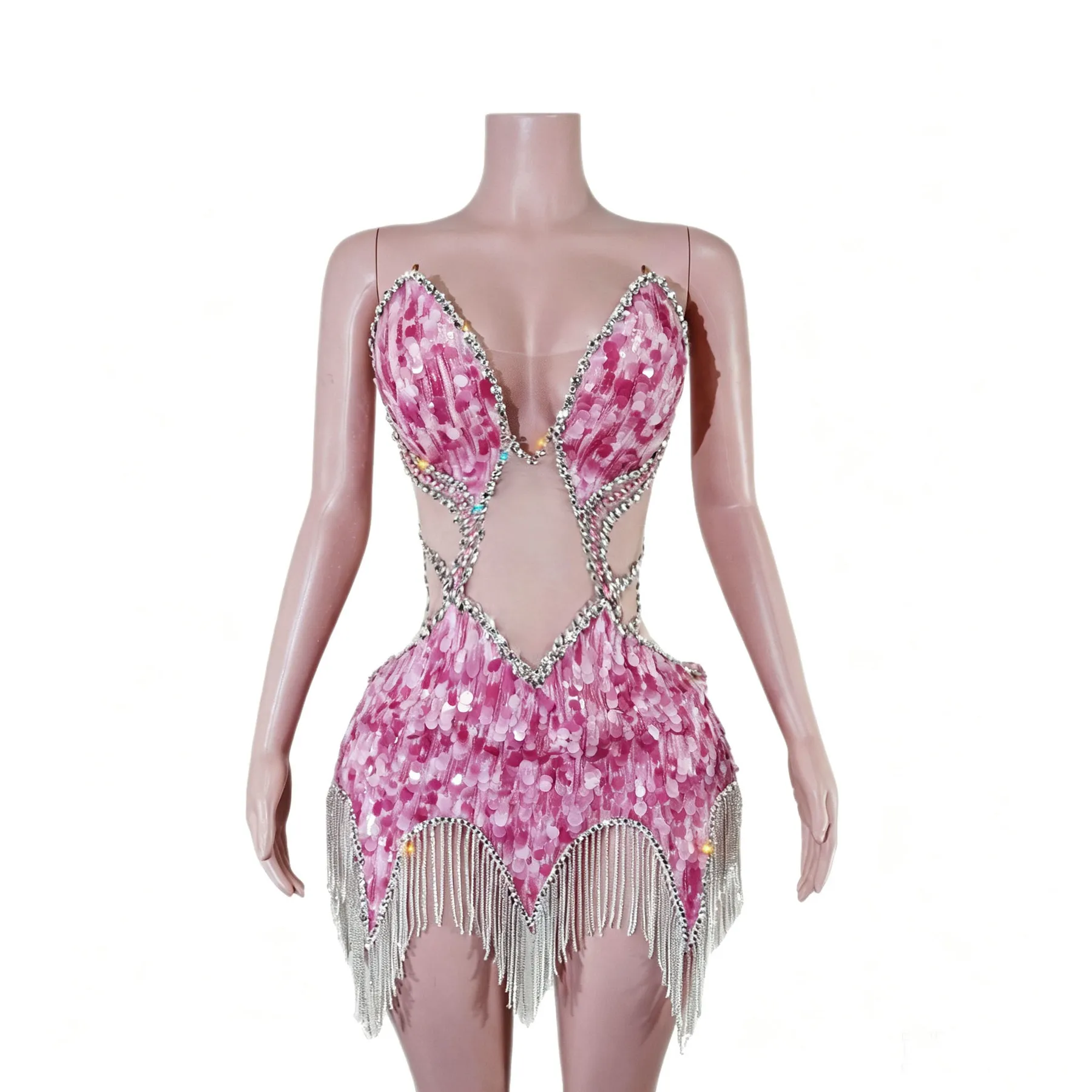 New Pink Handmade Sequin Tassel Short Dress with Rhinestones for Evening Party Dance Girl Group Event Stage Performance