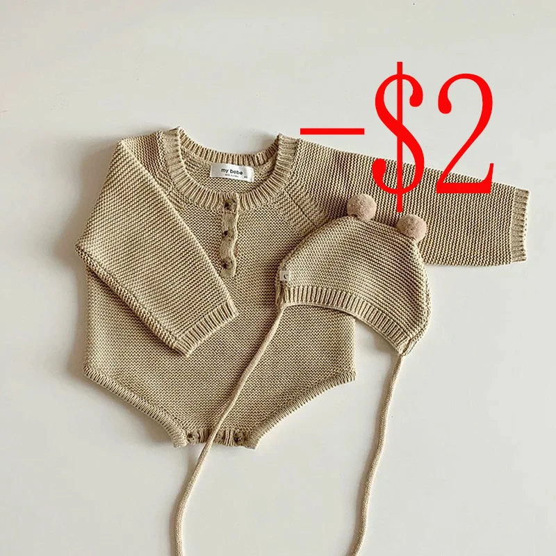 2024 Autumn New Toddler Baby Boys Girls Knitted Bodysuit Infant Jumpsuit Knitwear Outfits Newborn Baby Sweater And Baby Knit Hat