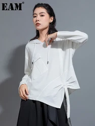 [EAM] Women White Irregular Ribbon Big Size Casual T-shirt New Hooded Long Sleeve Fashion Tide Spring Autumn 2024 1DH0999