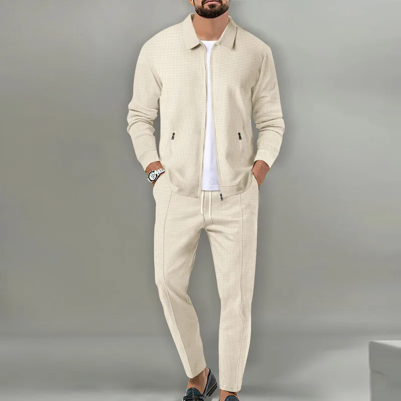 Men Waffle Knit 2 Piece Tracksuit Set, Zip Lapel Collar Jacket + Drawstring Straight Pants Casual Matching Outfit
