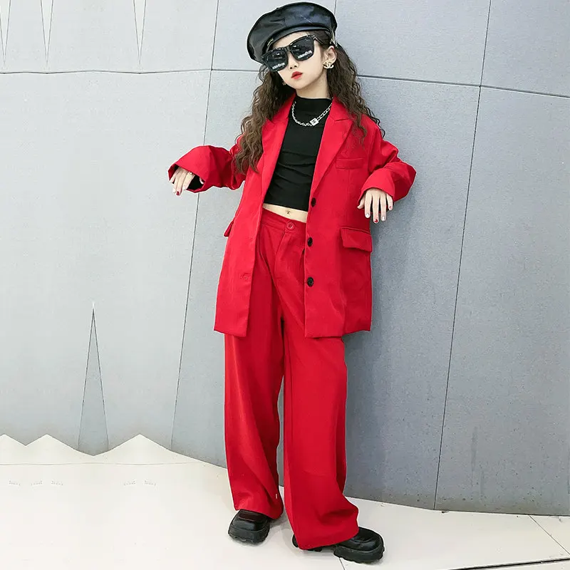 

Spring Autumn Kids Jackets+Pants Fashion Loose Formal Teenager Casual Outfits 5-14Years Old Girls Red Blazer Suits Clothing Sets