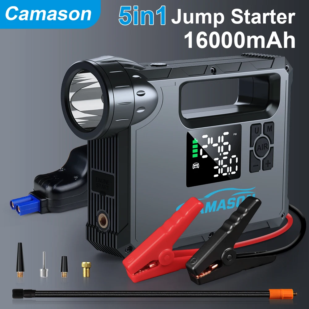 5 in 1 Car Jump Starter พร้อมเครื่องอัดอากาศไฟฉายแบบพกพาอุปกรณ์เริ่มต้น Power Bank แบตเตอรี่ยานยนต์ Booster เริ่มต้น