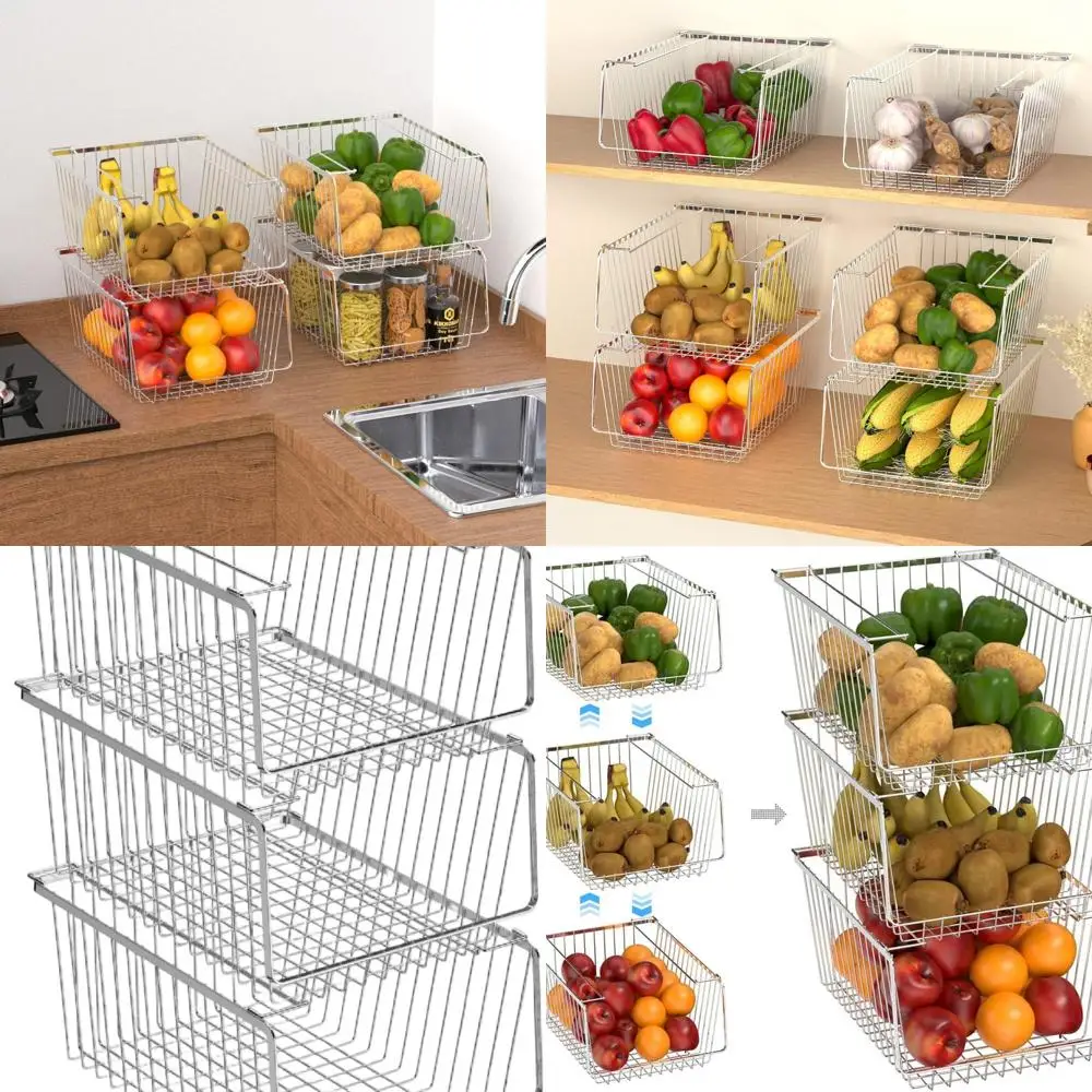 

Штабелируемые металлические корзины-органайзеры для кухни, шкафа, ванной комнаты — набор из 3 предметов