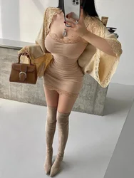 Pure Desire Style Sexy Tight Skinny Lace Splicing Bottom Strap Dress Hip Wrapping Short Dress Elegant Fashion Sweet Women YY7T