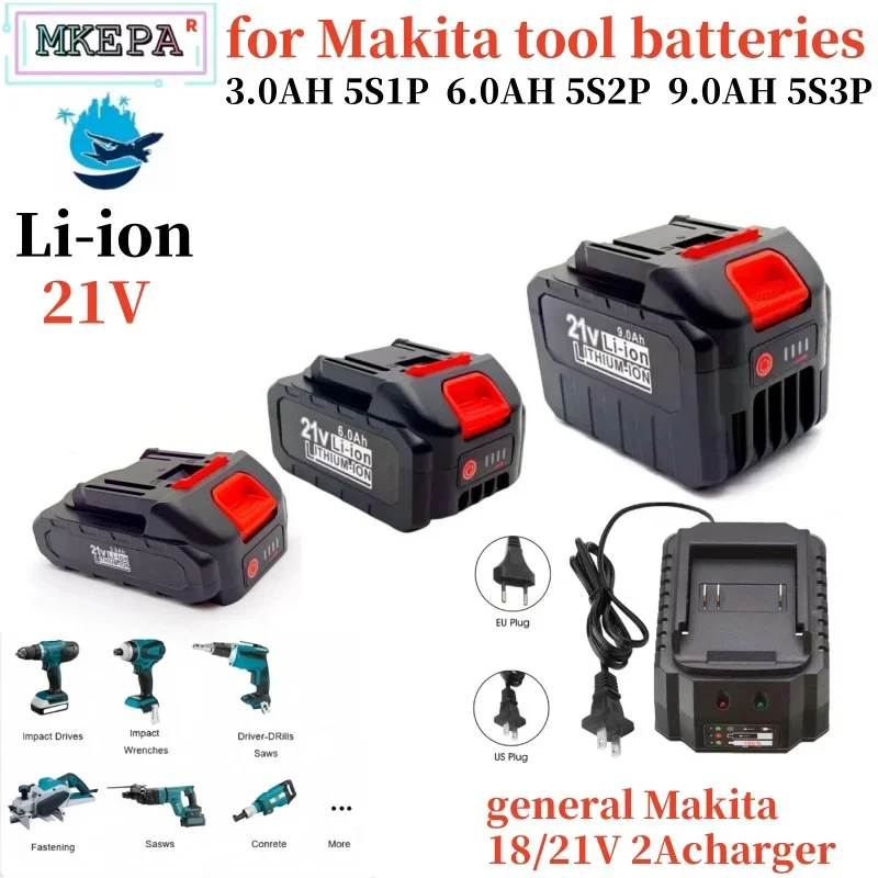 21V3AH6AH9AH rechargeable lithium-ion battery for Makita 18V/21V B series electric tools, chainsaw, impact wrench, angle grinder