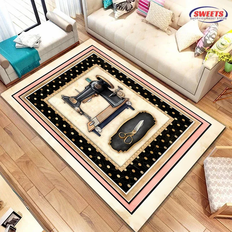 

Nostalgic Style Vintage Sewing Machine Print Themed Carpet Multi-Size Optional Living Room Clothing Store Four Seasons Large Mat