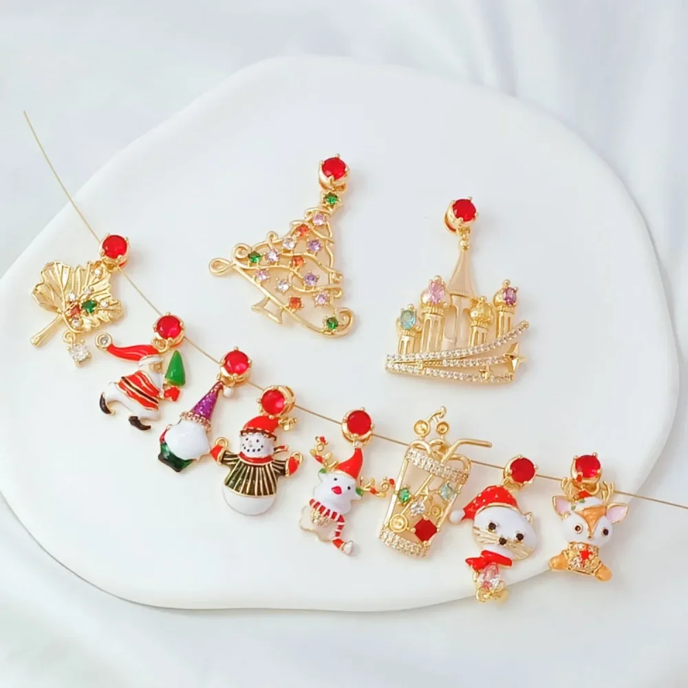 

14K Gold-plated Zirconium-inlaid Oil-dripping Christmas Series Pendant Handcrafted DIY Bracelet Accessory Snowman Christmas Tree