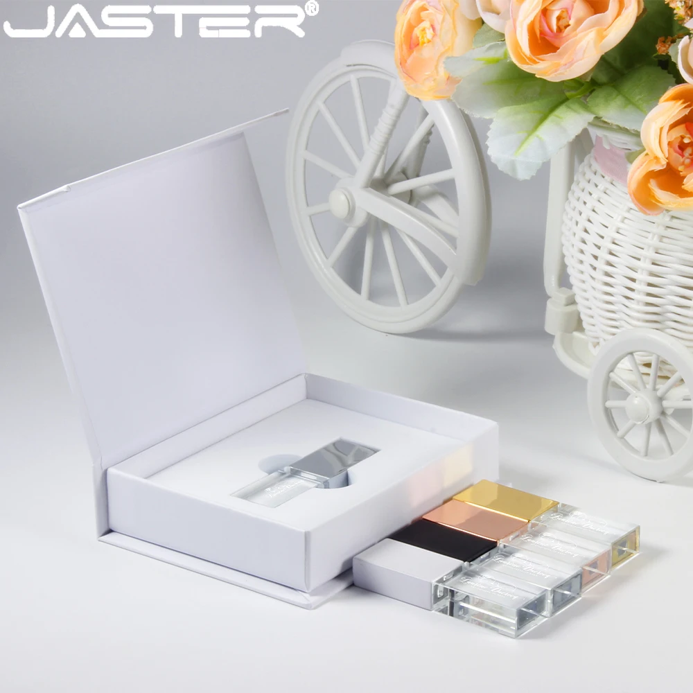 JASTER Rose Gold Crystal Pen Drive 128GB White Paper Box USB Flash Drive 64GB Free Custom Logo Memory Stick 32GB Wedding Gift