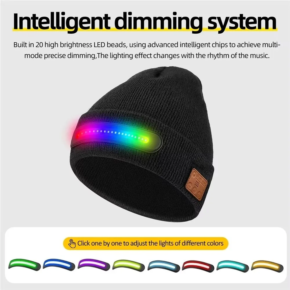 USB Rechargeable LED Lighted Beanie Hat Three-Stage Lighting Detachable Smart Bluetooth Beanie Built-in Speaker Mic