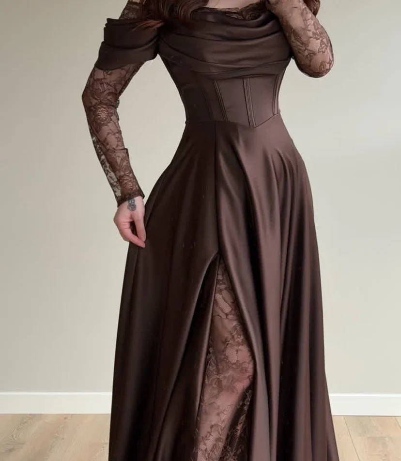 Elegant Scoop Neckline Prom Dresses Pleated Evening Dress Cocktail Dress Formal Wedding Party Dress Long Sleeves Customized image 4