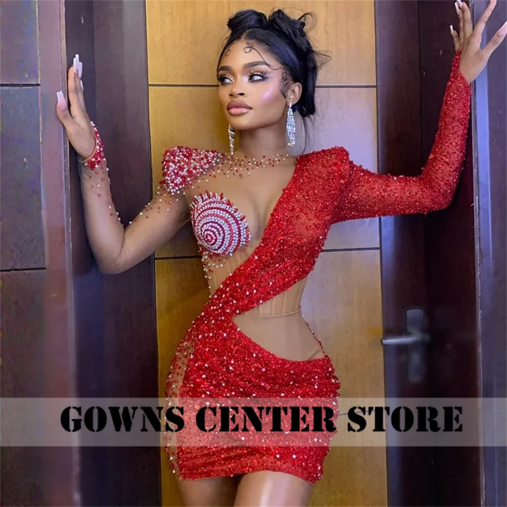 Sedutor vermelho mangas compridas aso ebi vestidos de baile luxo 2025 contas strass ver através mini vestidos cocktail africano personalizado