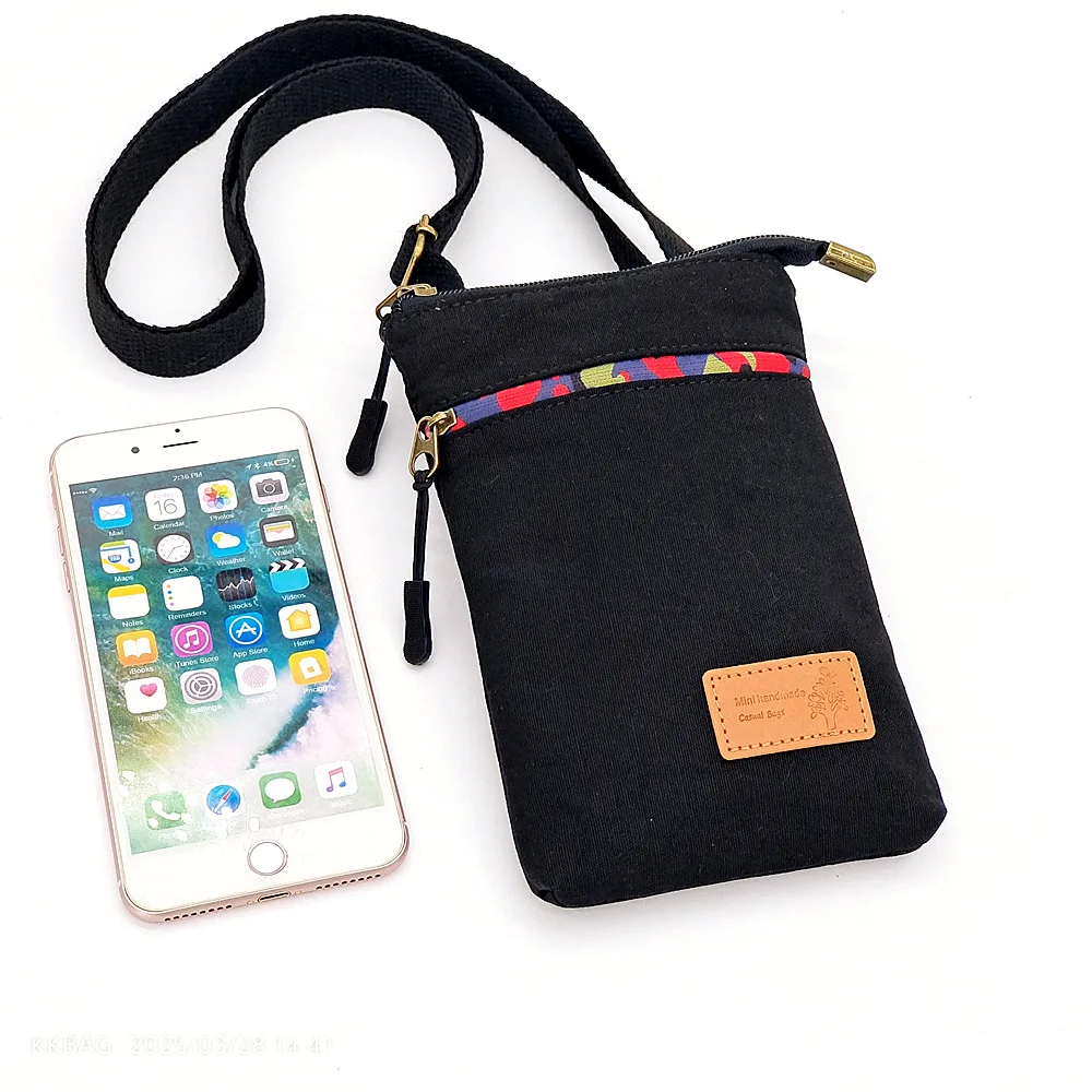 Three-Layer Soft Zipper Colorful Canvas Bag 7 Inch Large Screen Crossbody Mobile Phone Bag Women's Neck Hanging Chest Bag