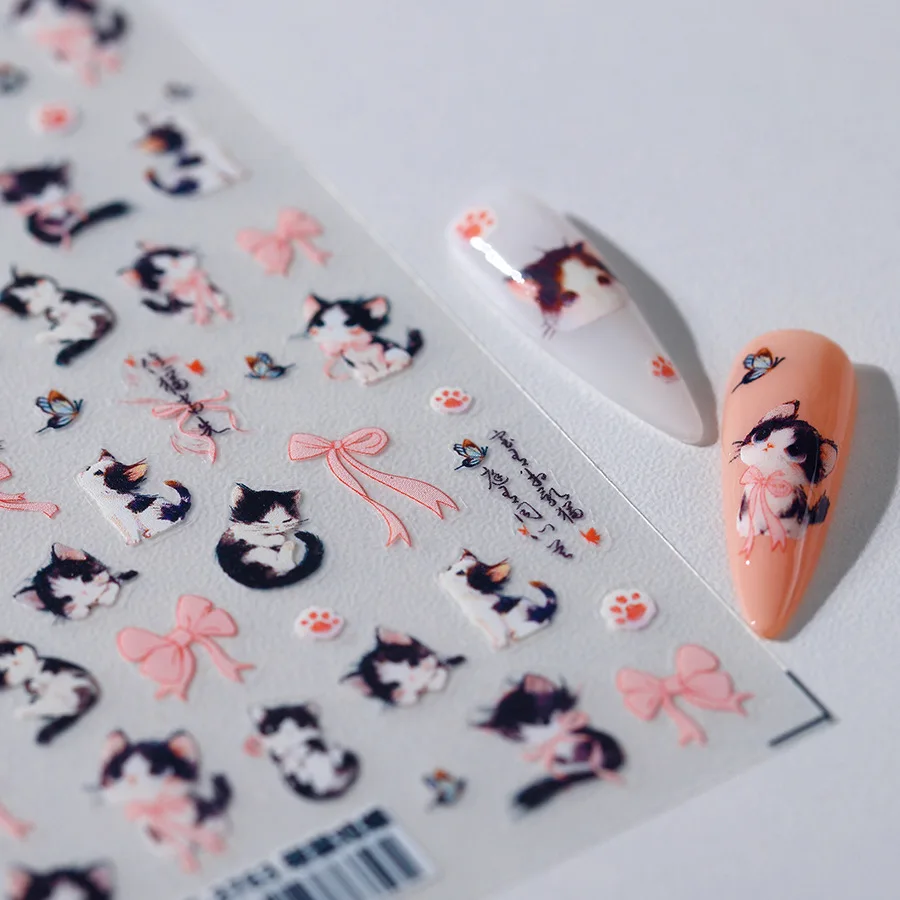 2D Lovely Naughty Cute Cat Butterfly Pink Ribbon Paw Adhesive Nail Art Stickers Decals Manicure Ornaments Accessories