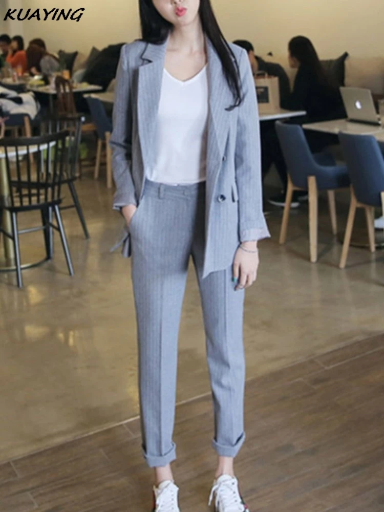 Women Elegant Formal Business Blazer 2 Pieces Suit Office Work Striped Jacket Pantsuit Korean Fashion Female Vintage Outfits New