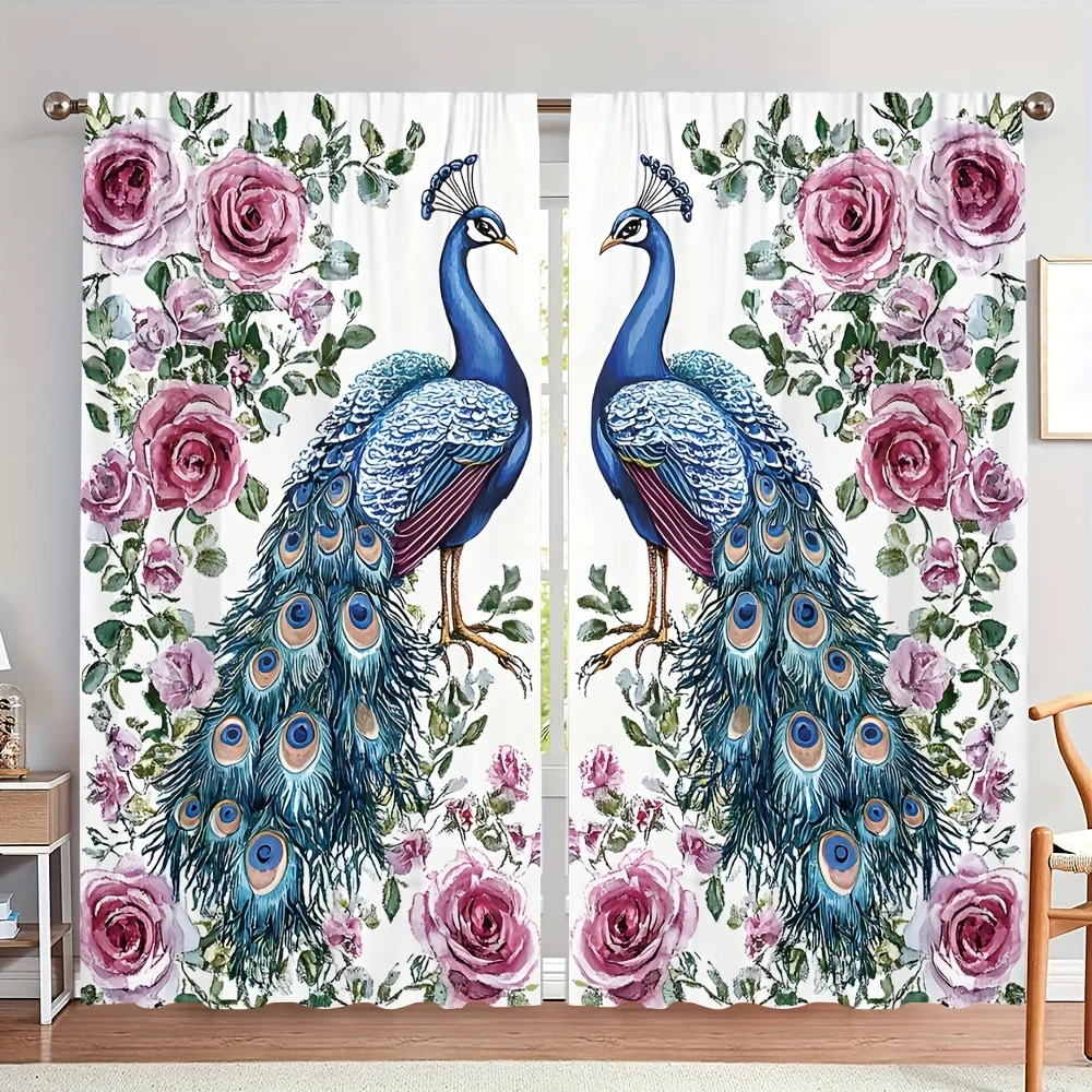 Decorative Peacocks and Roses Floral Watercolor Print Curtains 2pcs Pair Luxury Cottage Style Home Curtain