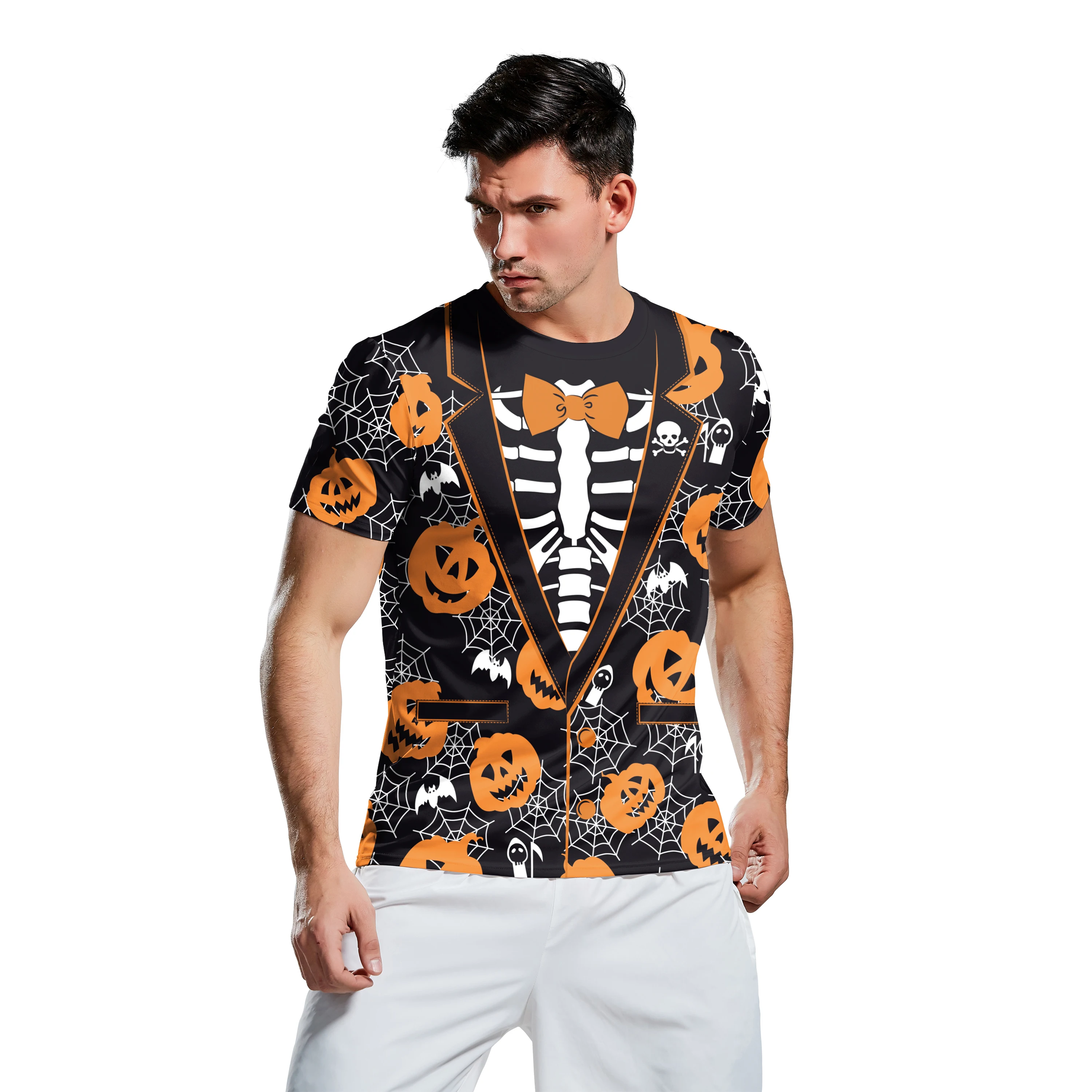 Zawaland Halloween T Shirt For Men Skeleton Printed Holiday Streetwear Gothic Short Shirt Pumpkin Pattern Outfit Tees Tops