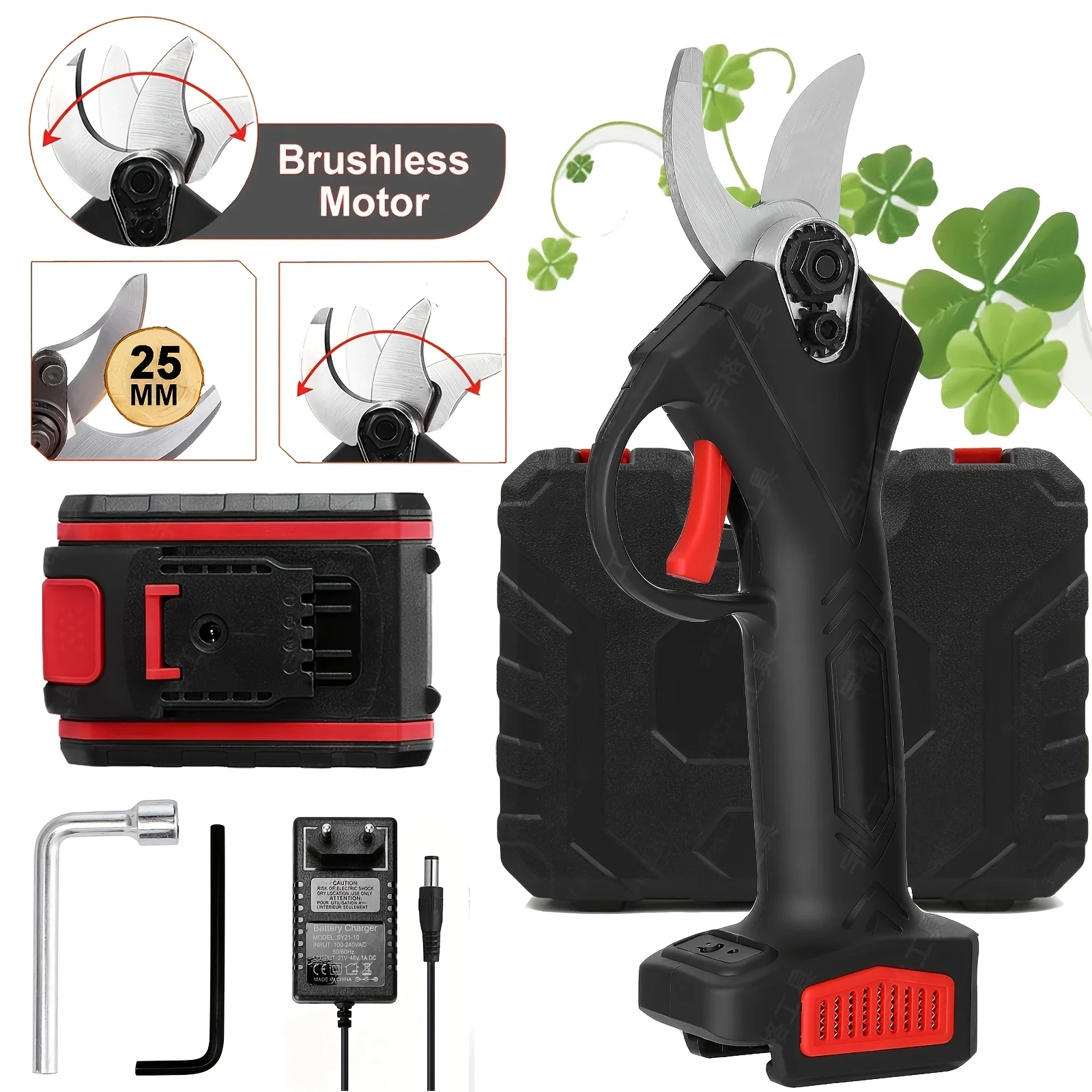 Podadora eléctrica inalámbrica de 1200W y 25mm, tijeras de podar para árboles frutales, bonsái, cortador de ramas, herramienta eléctrica de mano con 2 uds. De 21V