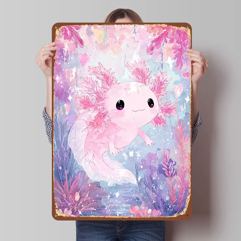 Pink Axolotl Watercolor Style Tin Plaque Poster Customized Wall Art Retro Vintage Metal Signs for Room Desk Decor House Home