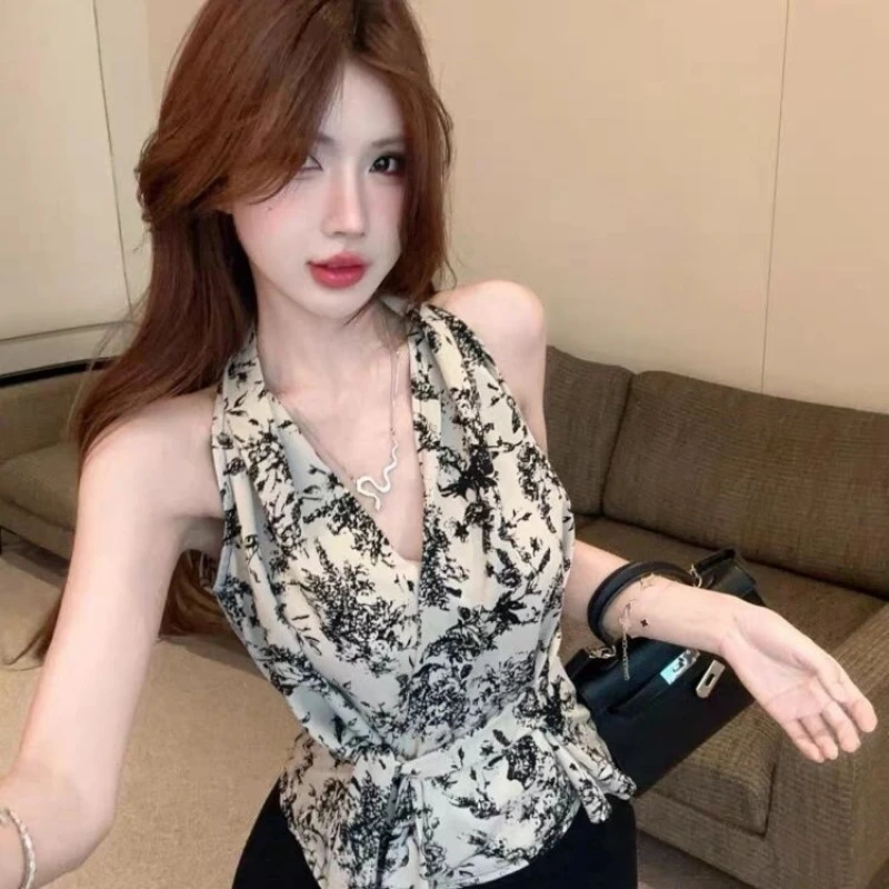 

Vintage Sleeveless Floral Shirt Tops Summer New Thin V Neck Print Bandage Temperament Blouse Fashion Elegant Trend Women Clothes