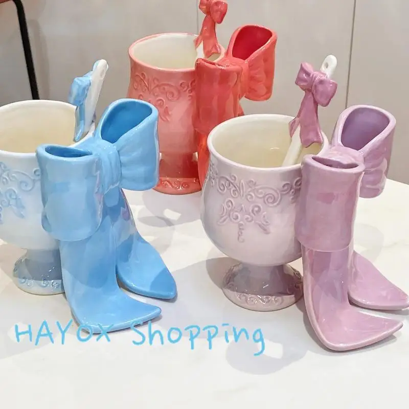 كوب كبير على شكل فيونكة عالية القدم، كوب سيراميك ملون تحت التزجيج، كؤوس إبداعية للحلوى الآيس كريم، كوب قهوة حليب الإفطار المنزلي #3