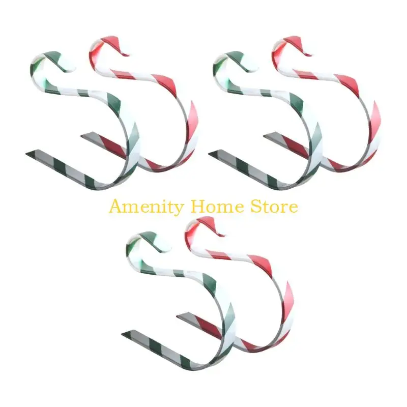 F26C Holiday Mantel Hangers, 6-Piece Metal Hook Set with Long Top Arms and a Striped Finish for Shelf and Cabinet Edge Displays