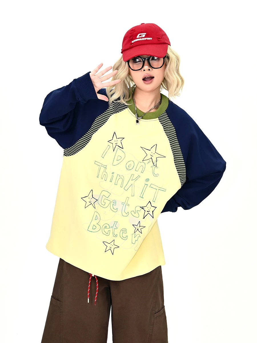 

Loose Long Sleeve T-Shirt Women's Yellow And Blue Star Pattern BF Style American Trendy Brand Casual round Neck Top