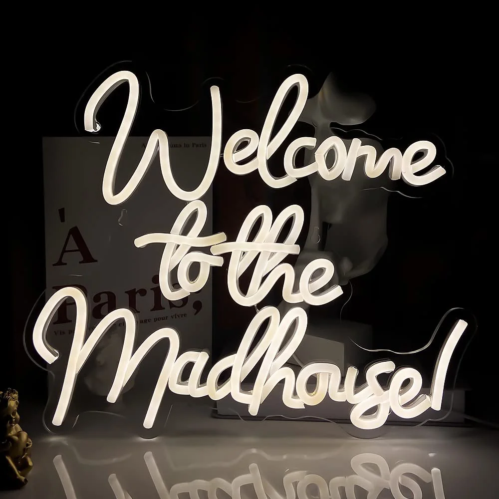 Welcome to The Madhouse Neon Sign Warm White Neon Lights for Room Decor Folk Hotel Decor LED Letters Welcome Neon Wall Light