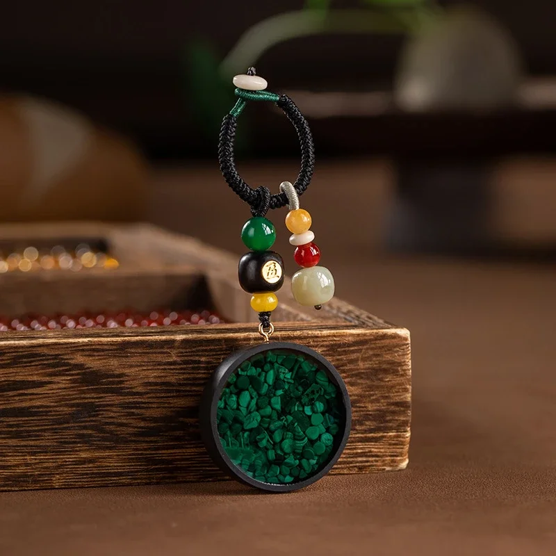 Natural Turquoise Keychain Sandalwood Malachite Hotan Jade Chalcedony National Hand Inlaid Exquisite Knotting High-end Gifts