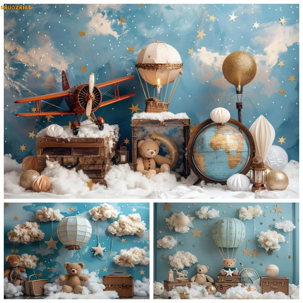 

Baby Boy Birthday Decoration Backdrop Photography Blue Hot Air Balloon Little Bear's First Global Journey Background Photo Props