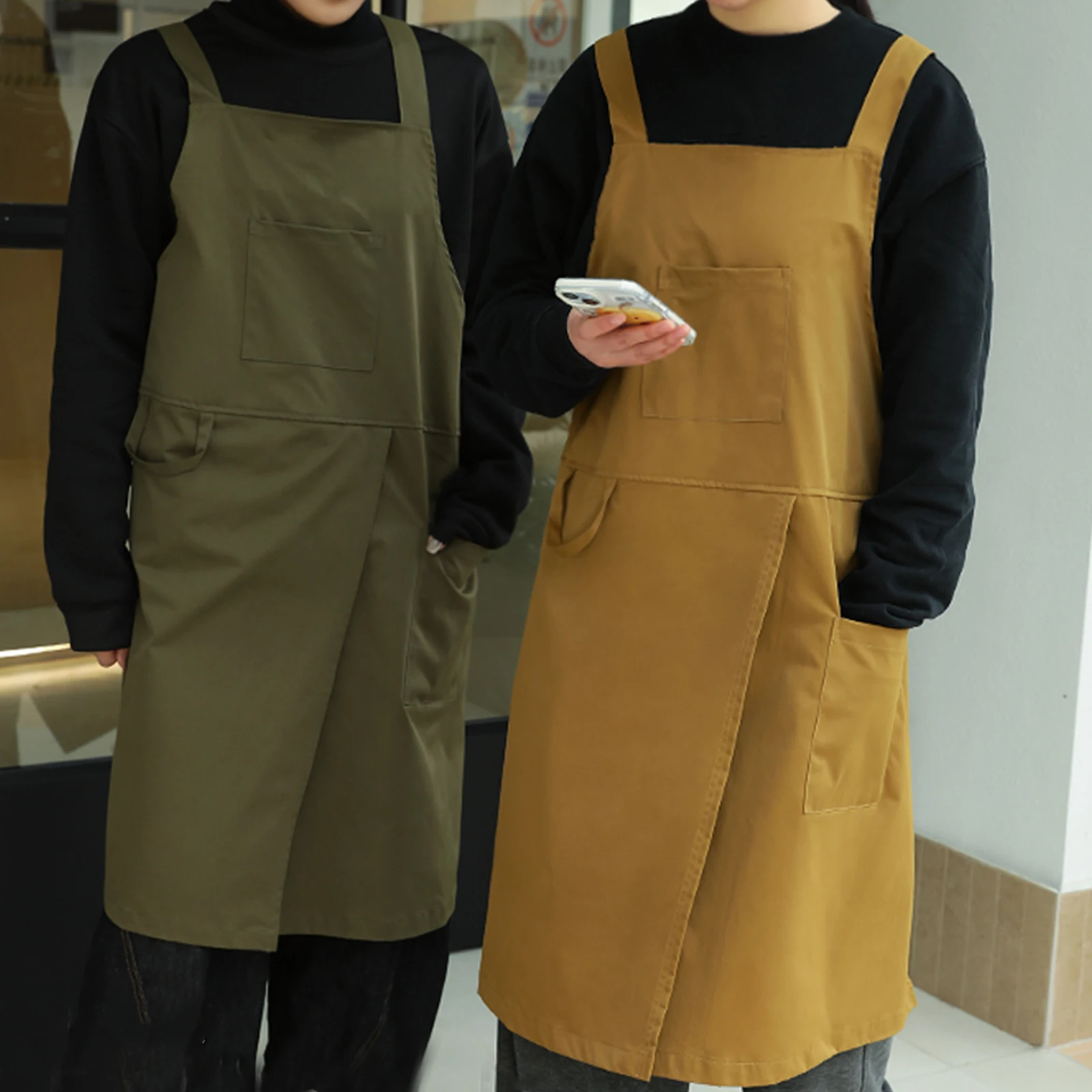 Delantal de trabajo de camarero a prueba de aceite con bolsillo para cafetería, salón, tienda de uñas, delantal de cocina antisuciedad con espalda cruzada para mujer para cocinar y hornear