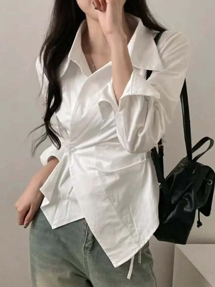 

Slimming Effect White irt Uneven Waist Design Long Sve Spring Autumn French Sle Loose Fit Women's Faion Top