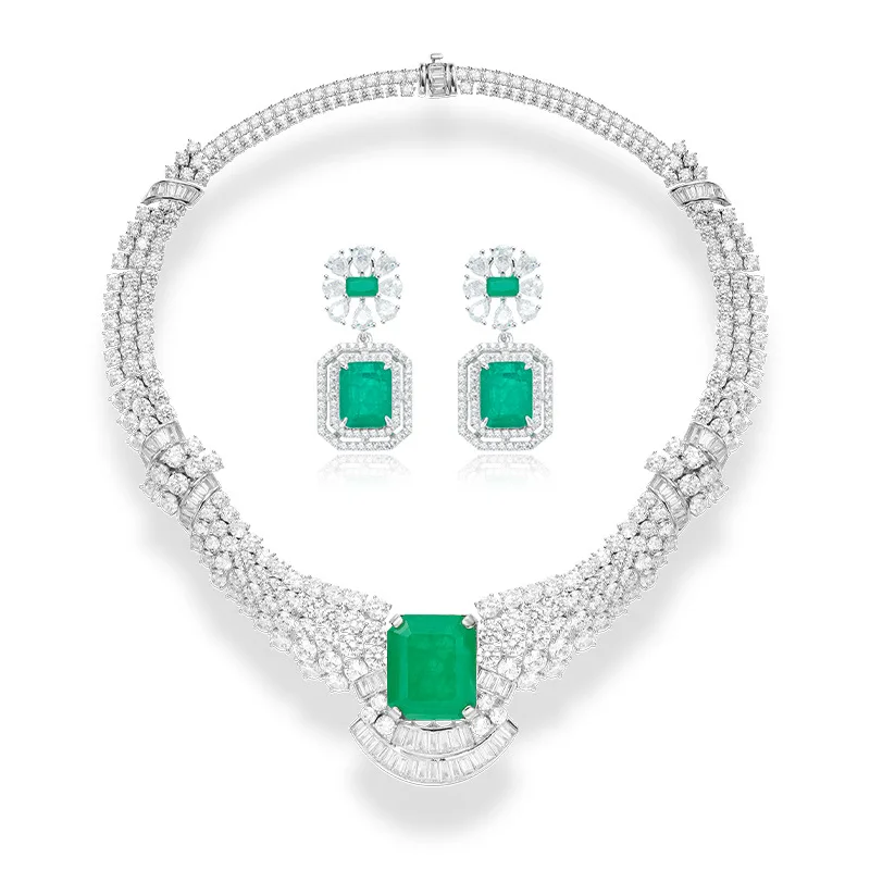 

Luxury Emerald Jewelry Set Gold Plated Cubic Zirconia Necklace Earrings Elegant Dinner Party Accessories for Women