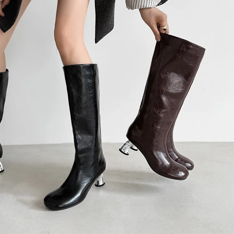 Women Crinkle Patent Leather Knee High Boots Round Toe Pull On Wide Calf Boots Unique Metallic Sculptura Heel Evening Party Shoe