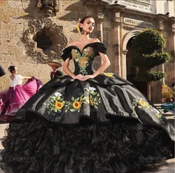 Luxury Black Princess Quinceanera Dress Off Shoulder Floral Embroidery vestidocharro Debutante dress 15 years galaxy theme