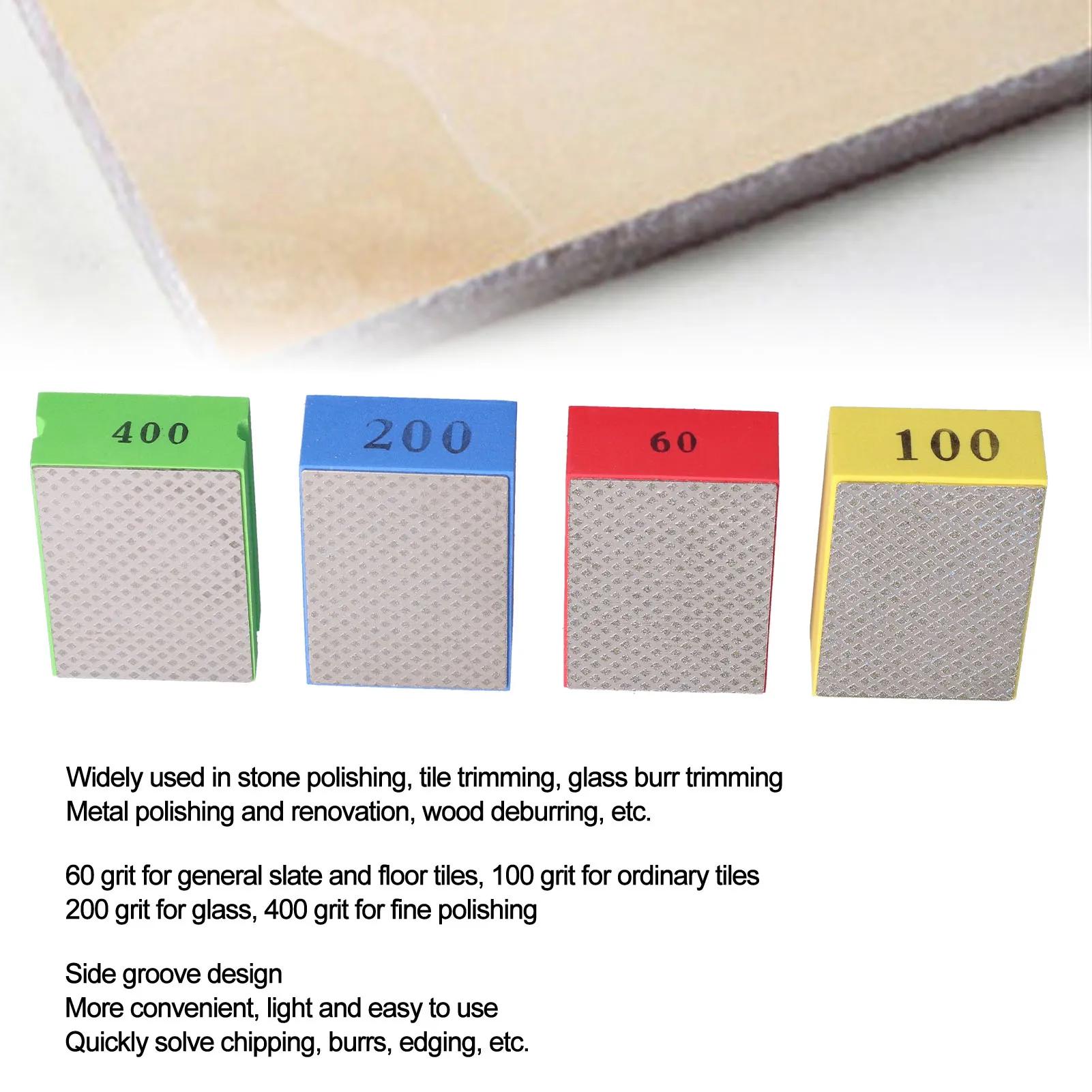 4Pcs Diamond Hand Polishing Pads for Tile Stone Trimming Deburring 60# 100# 200# 400# Grit