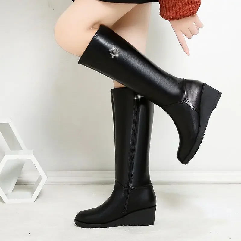 

Wedge Heel Leather Rhinestone Ladies Knee High Shaft Shoes Waterproof Chic and Elegant Y2k Goth Work Gothic Women's Long Boots