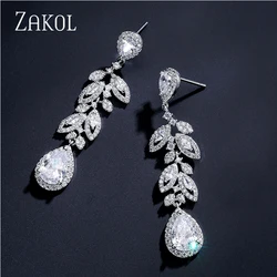 ZAKOL Brand Luxury Micro-inlaid Leaf Dangle Earrings for Women Fashion Marquise Cubic Zirconia Bridal Wedding Jewelry EP5094