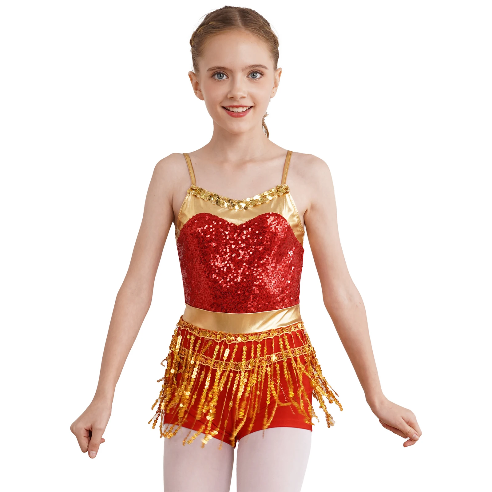 Latin Samba Cha-cha Dance Bodysuit Kids Girls Shiny Sequin Fringe Metallic Sleeveless Boyleg Jumpsuit for Party Performance