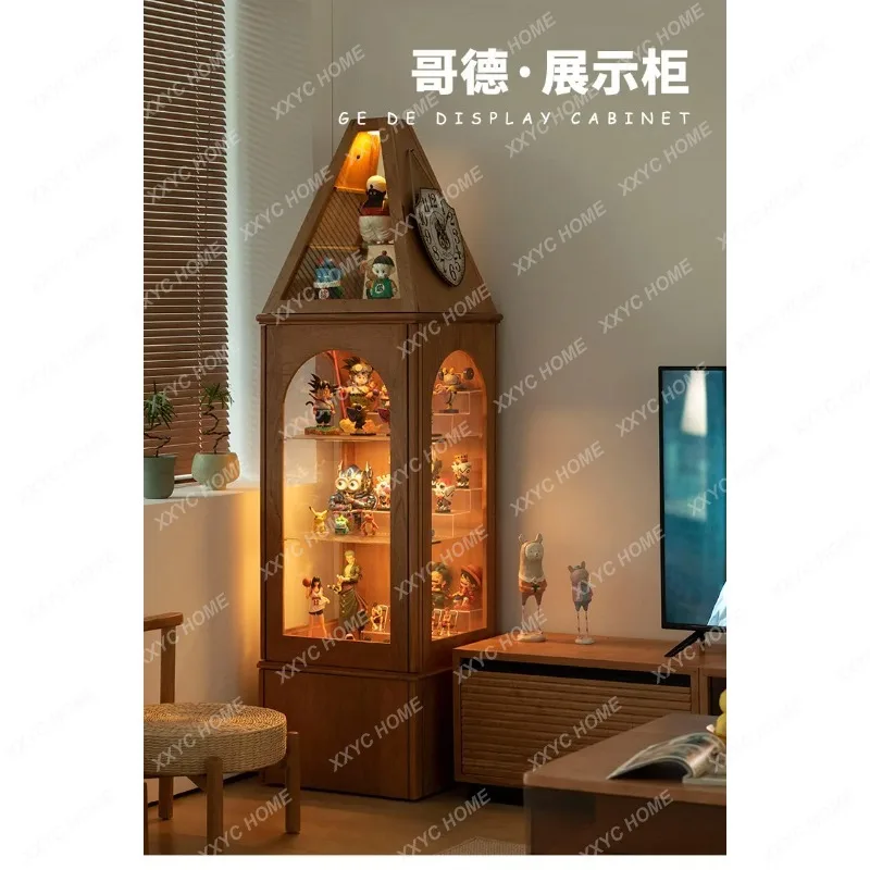 XXSolid wood display cabinet retro transparent glass door storage ornament mobile display high-end