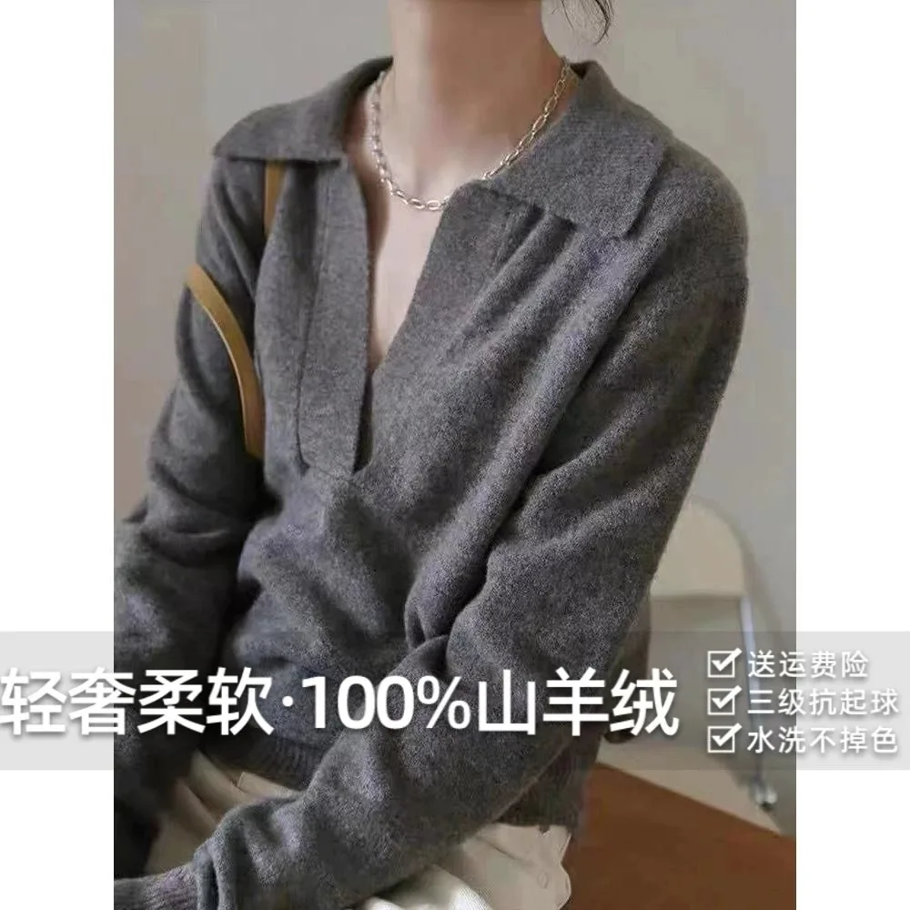 

100% pure cashmere sweater women's new autumn and winter Polo collar solid color short knitted sweater with loose sweater