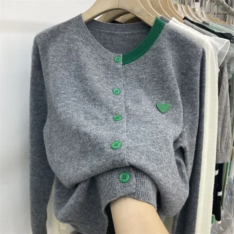 Fashion Gentle Knitted Cardigan Women Patch Long Sleeve Bottom Top Westernized Loose Sweater Female Coat Spring and Autumn