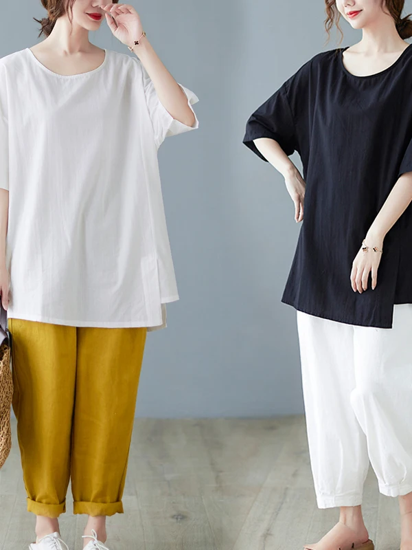 تي شيرت صيفي كبير الحجم فعال للتخسيس للنساء من القطن والكتان غير متماثل يغطي البطن تي شيرت بنمط رحلة فنية