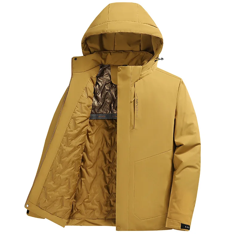 Winter Men's Plush Thick Waterproof Jacket Print Logo Outdoor Sports Windproof Mountaineering Camping Hooded Coat